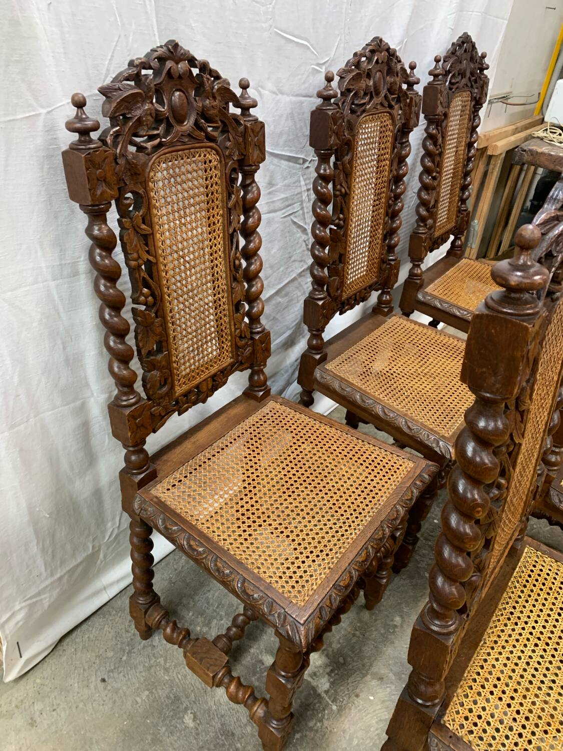 6 antique Henry II caned chairs