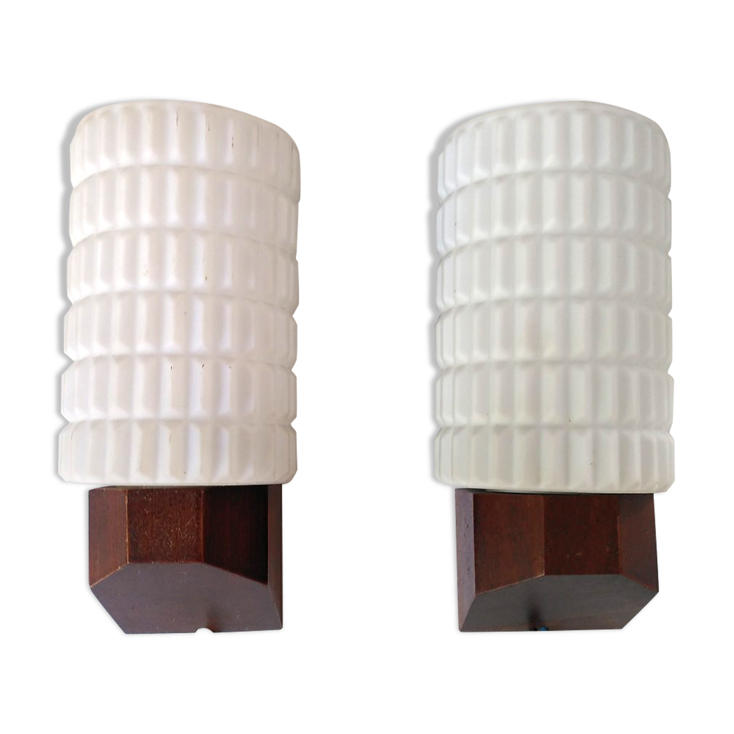 Opaline and teak sconces