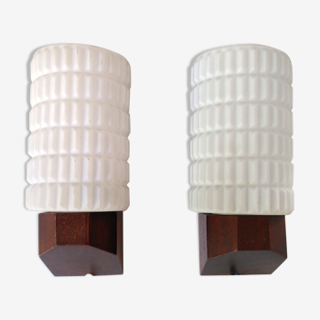 Opaline and teak sconces