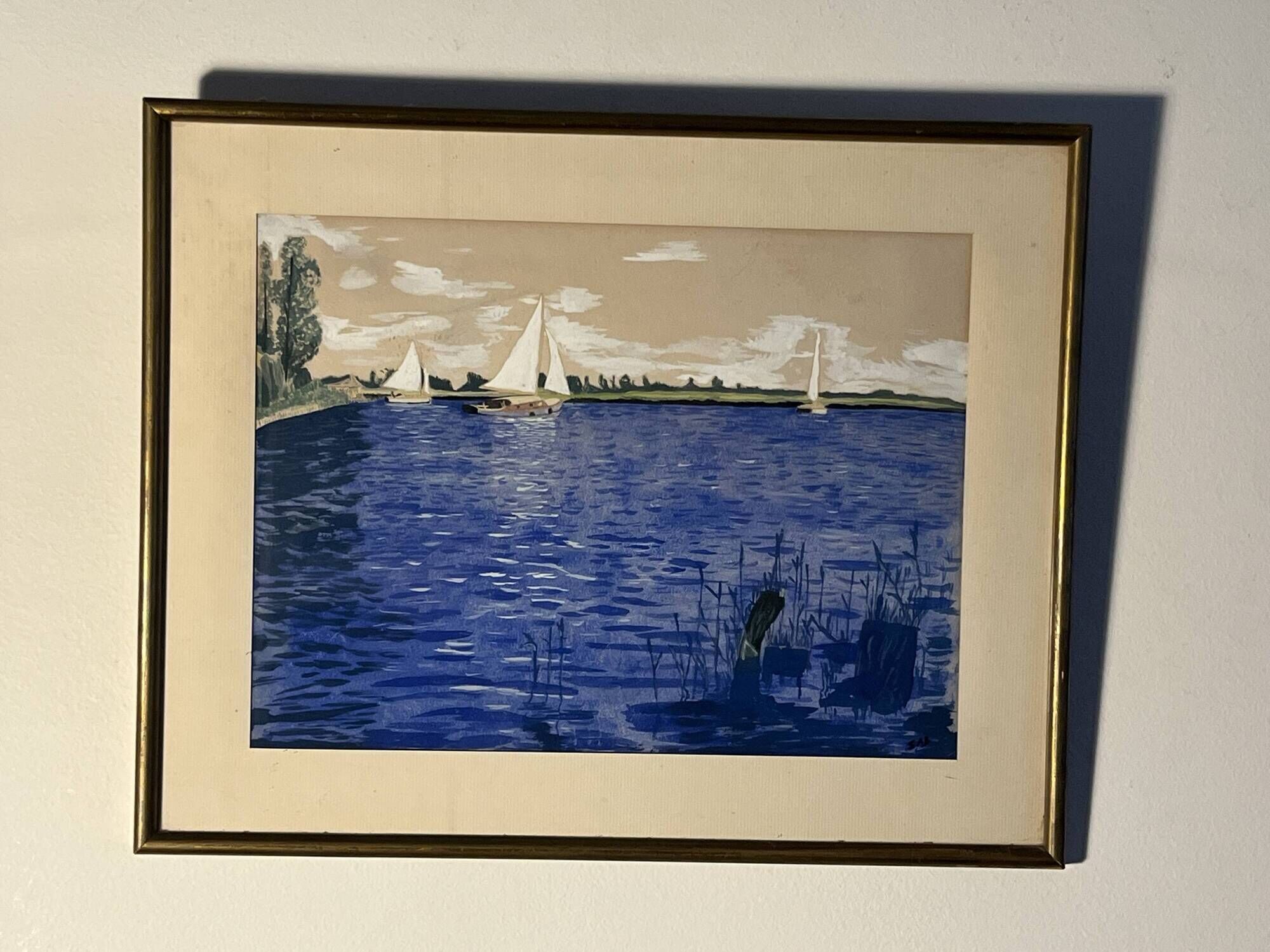 "Boats on the lake" gouache signed
