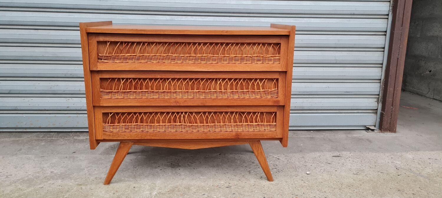 Commode vintage pied compas et rotin