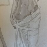 Tableau signé aquarelle portrait féminin « drapée dans l’atelier »