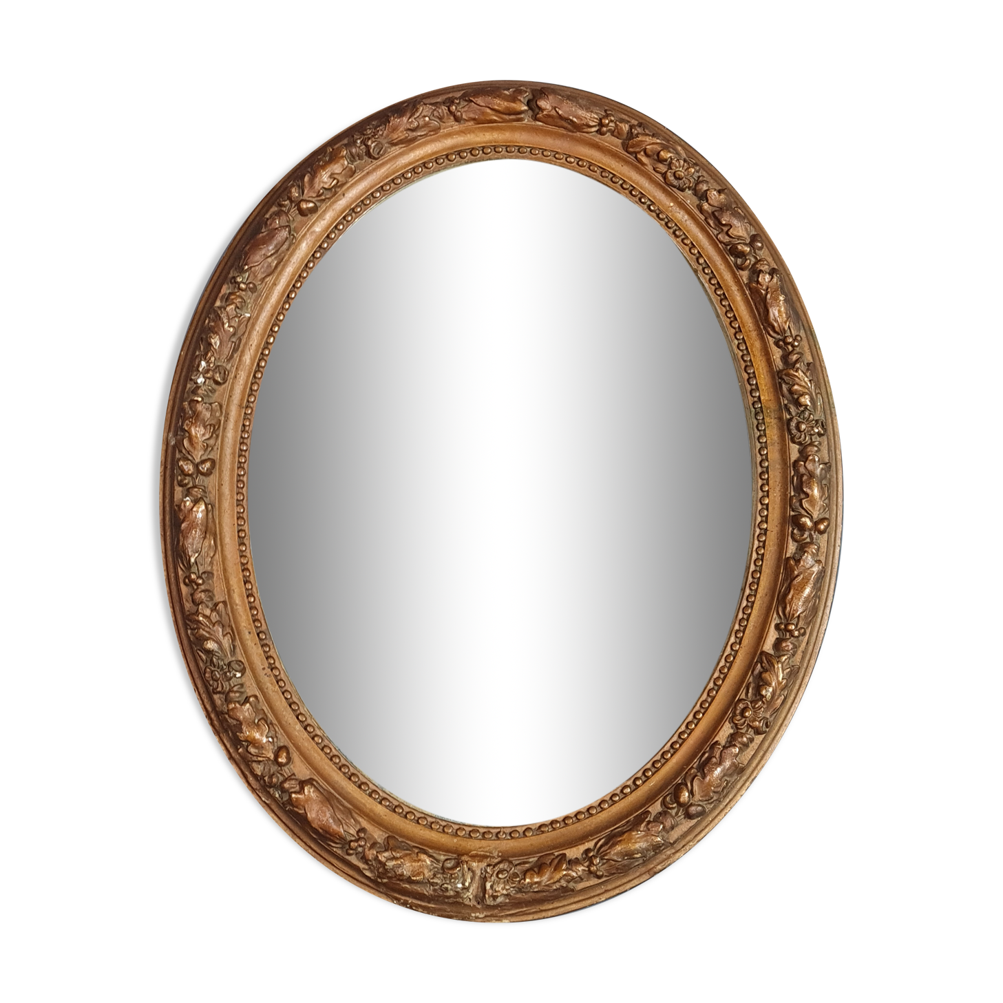 Old oval mirror beveled wooden frame & gilded stucco 50x40 cm 1900
