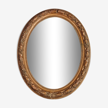 Old oval mirror beveled wooden frame & gilded stucco 50x40 cm 1900