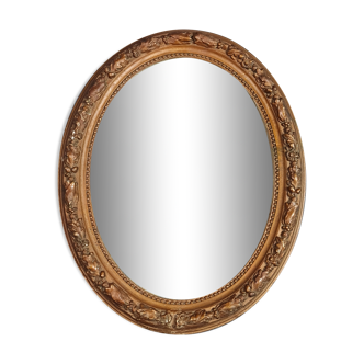 Old oval mirror beveled wooden frame & gilded stucco 50x40 cm 1900