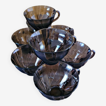 8 tasses à café ou à thé Vereco en verre noir fumé avec torsades