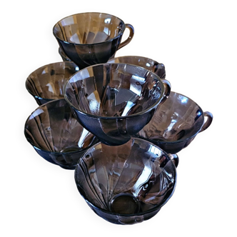 8 tasses à café ou à thé Vereco en verre noir fumé avec torsades