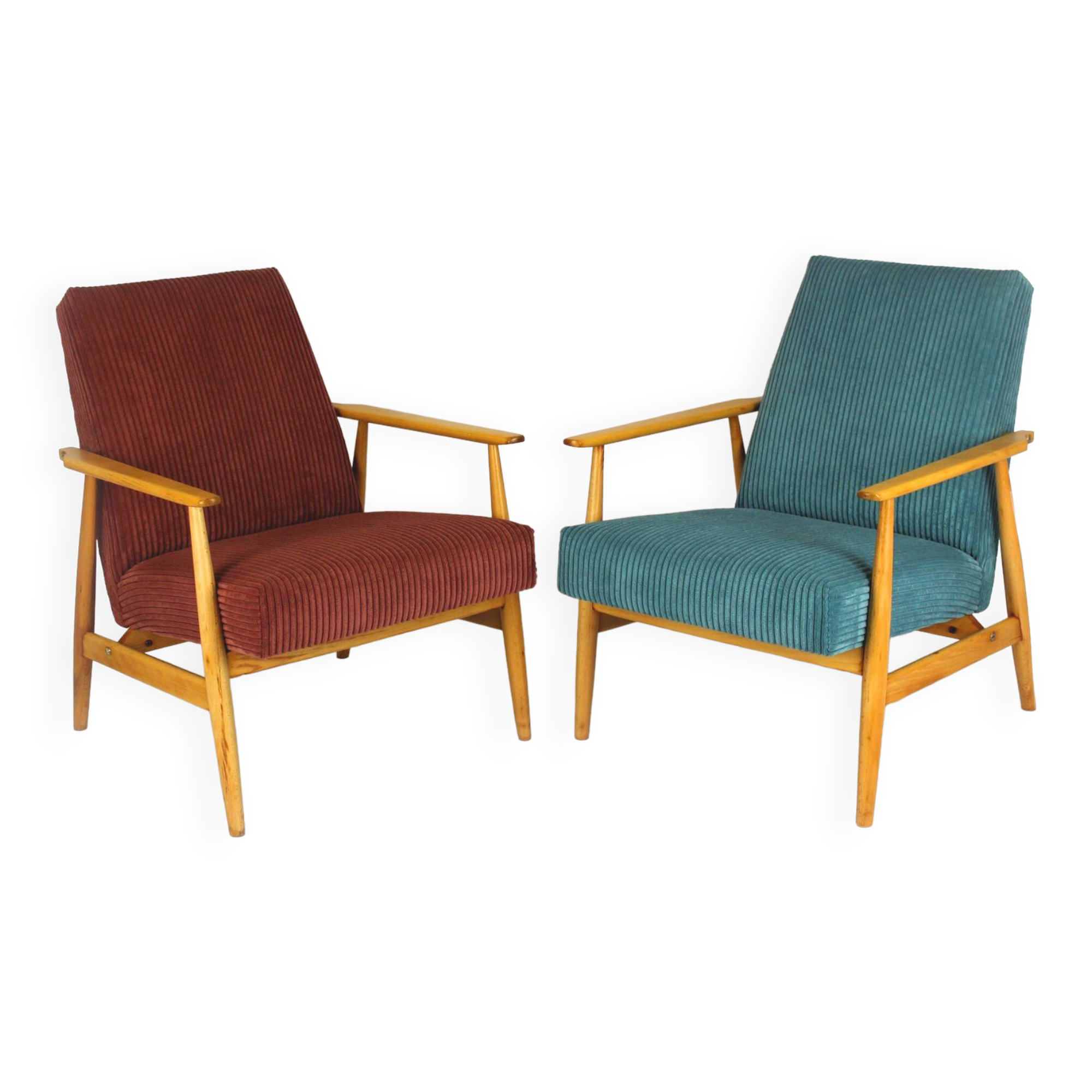 Restored Mid-Century Pink & Turquoise Beech Armchairs, 1960s, Set of 2