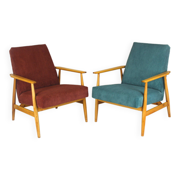 Fauteuils Mid-Century Restaurés en Hêtre Rose et Turquoise, 1960s, Set de 2