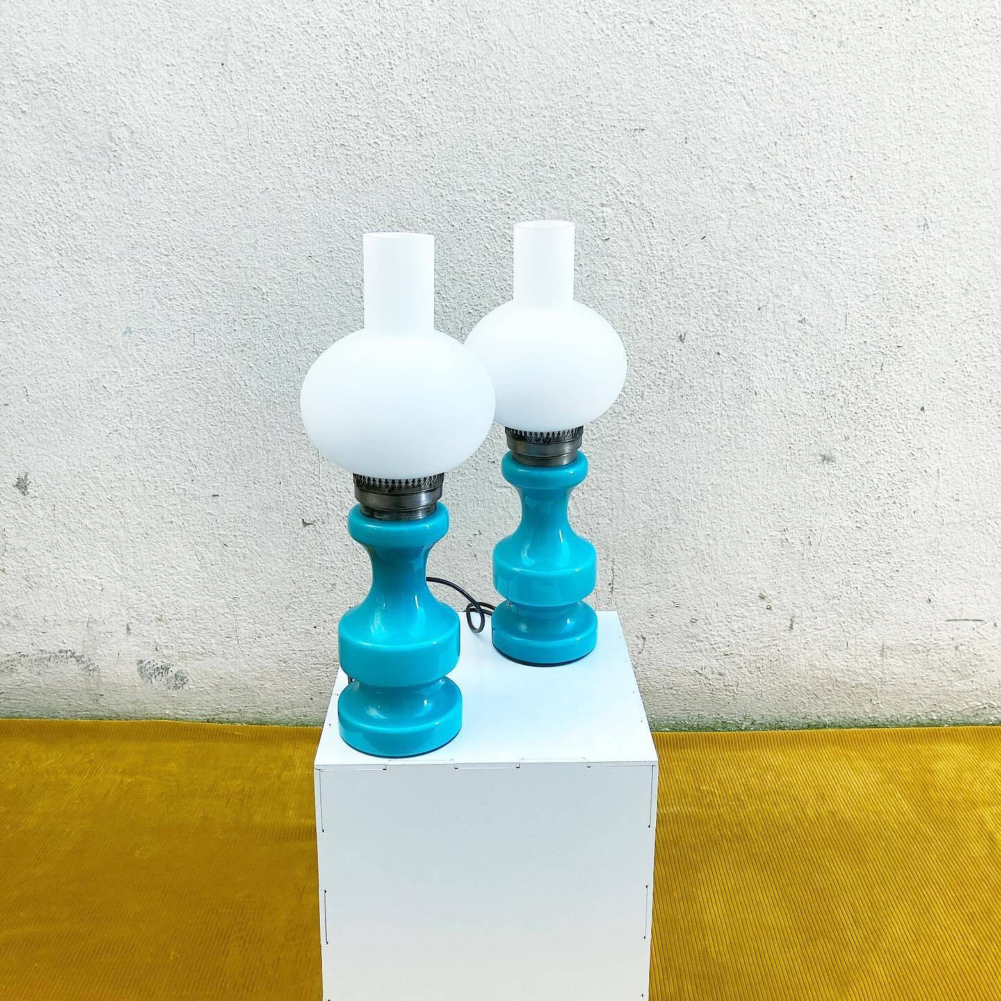 Pair of vintage turquoise blue opaline lamps