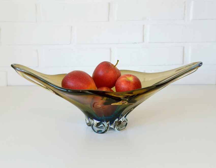 Vintage Art Glass Bowl, Hand Blown Murano Style, Yugoslavia 1960s, Large Centerpiece