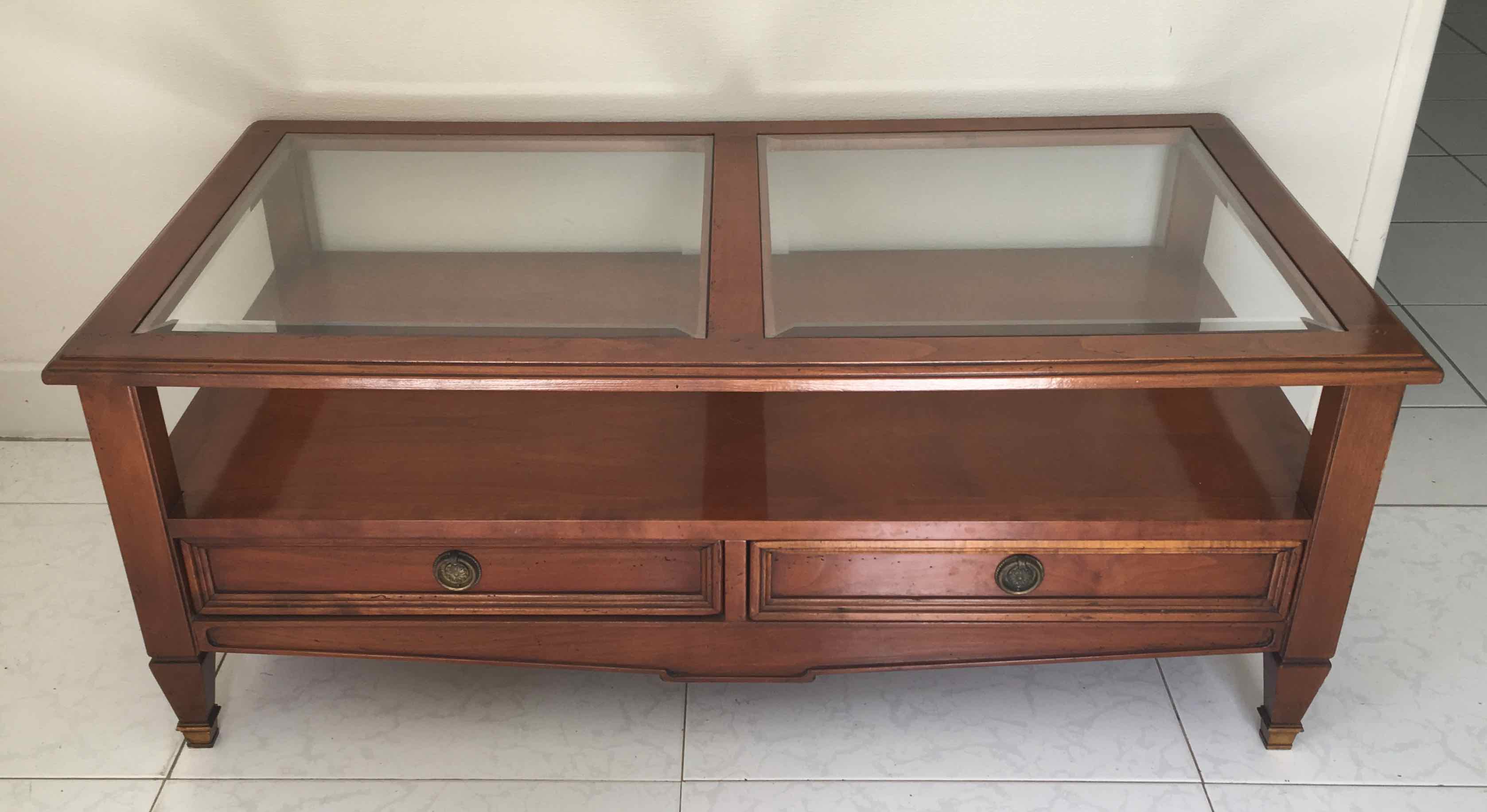 Coffee table with cherry drawers and beveled glass
