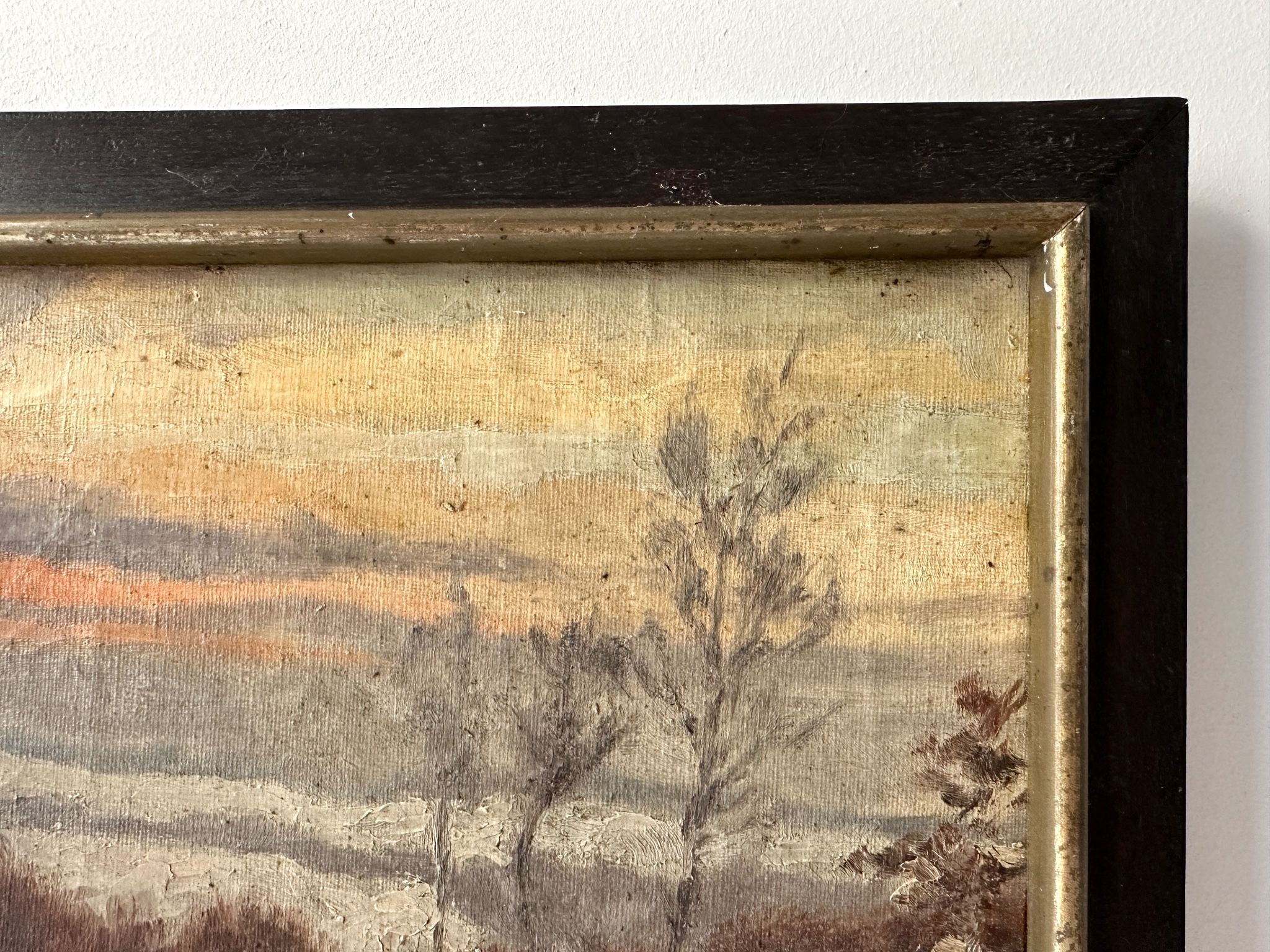 Oil on canvas of a winter landscape at dusk 1900, snow in the countryside.