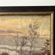 Oil on canvas of a winter landscape at dusk 1900, snow in the countryside.