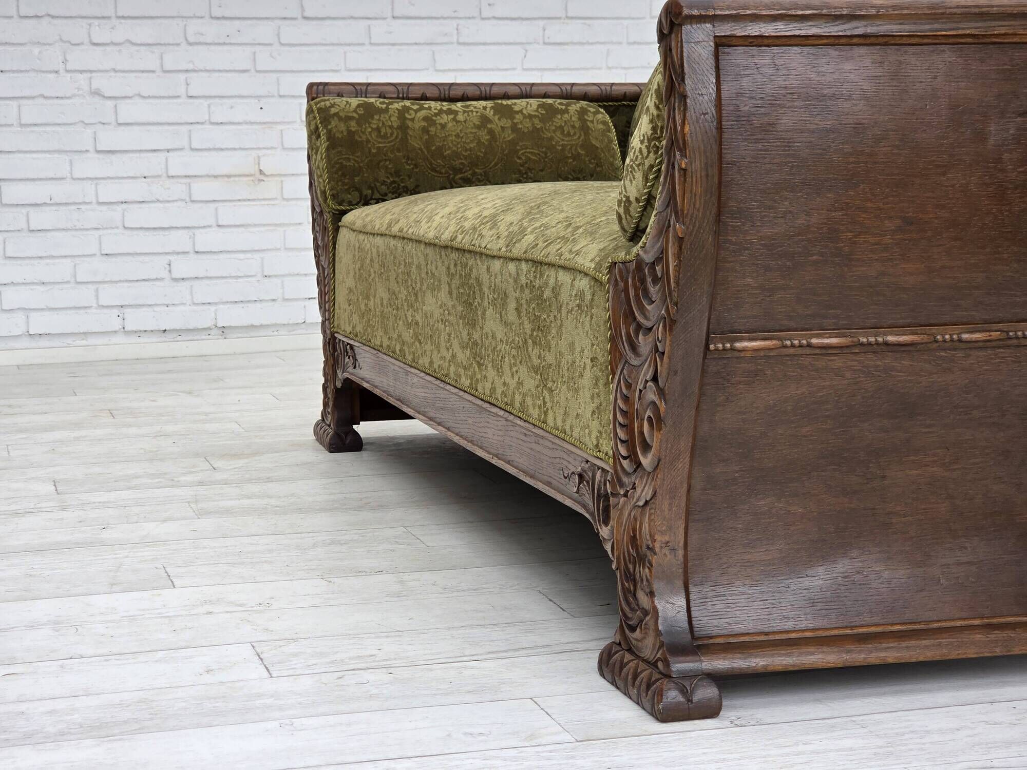 1950s, Danish 3-seater sofa, green furniture velour, oak wood.