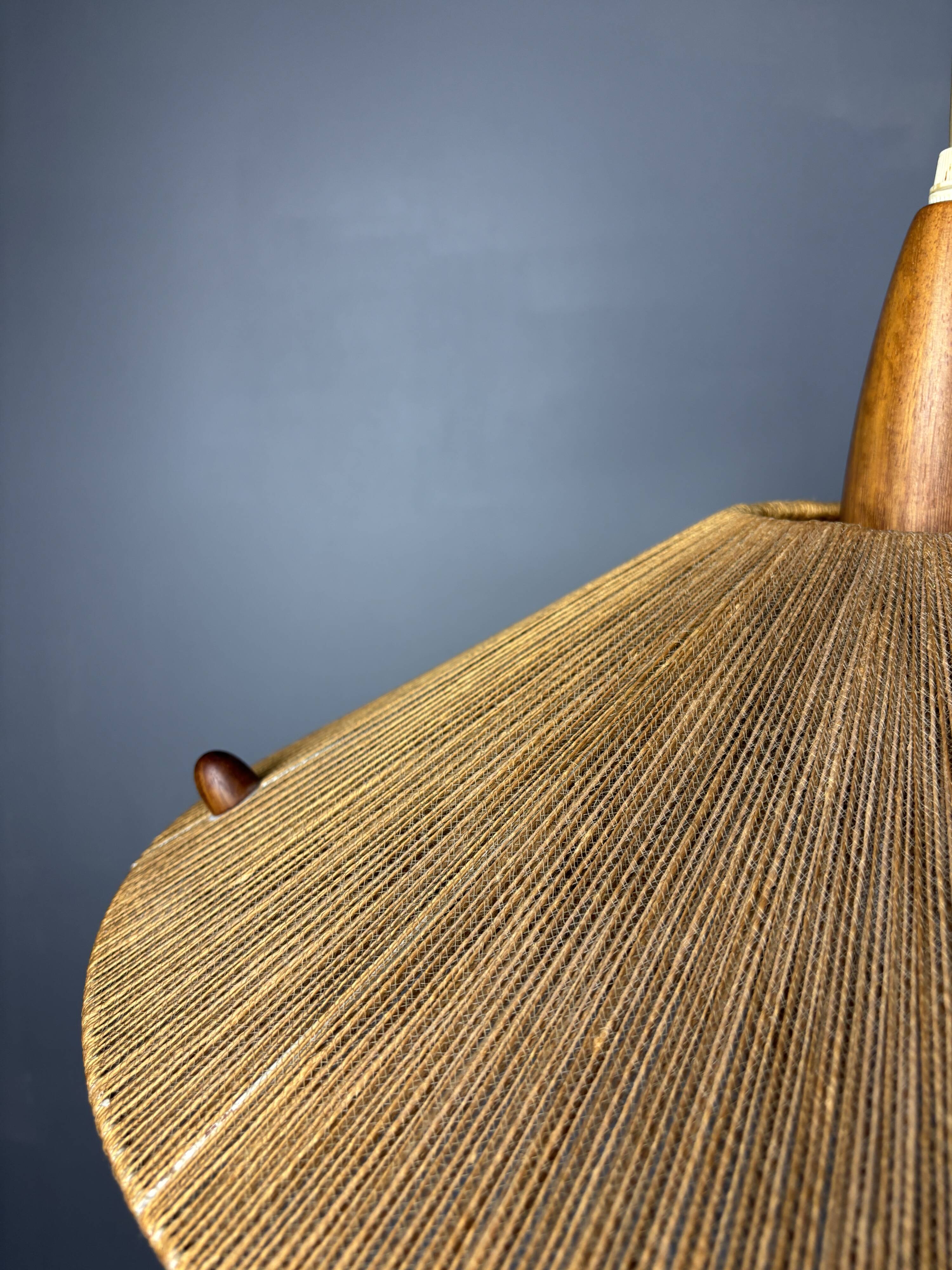 Large Mid-Century Teak and Sisal Cord Pendant from Temde Leuchten, 1960s