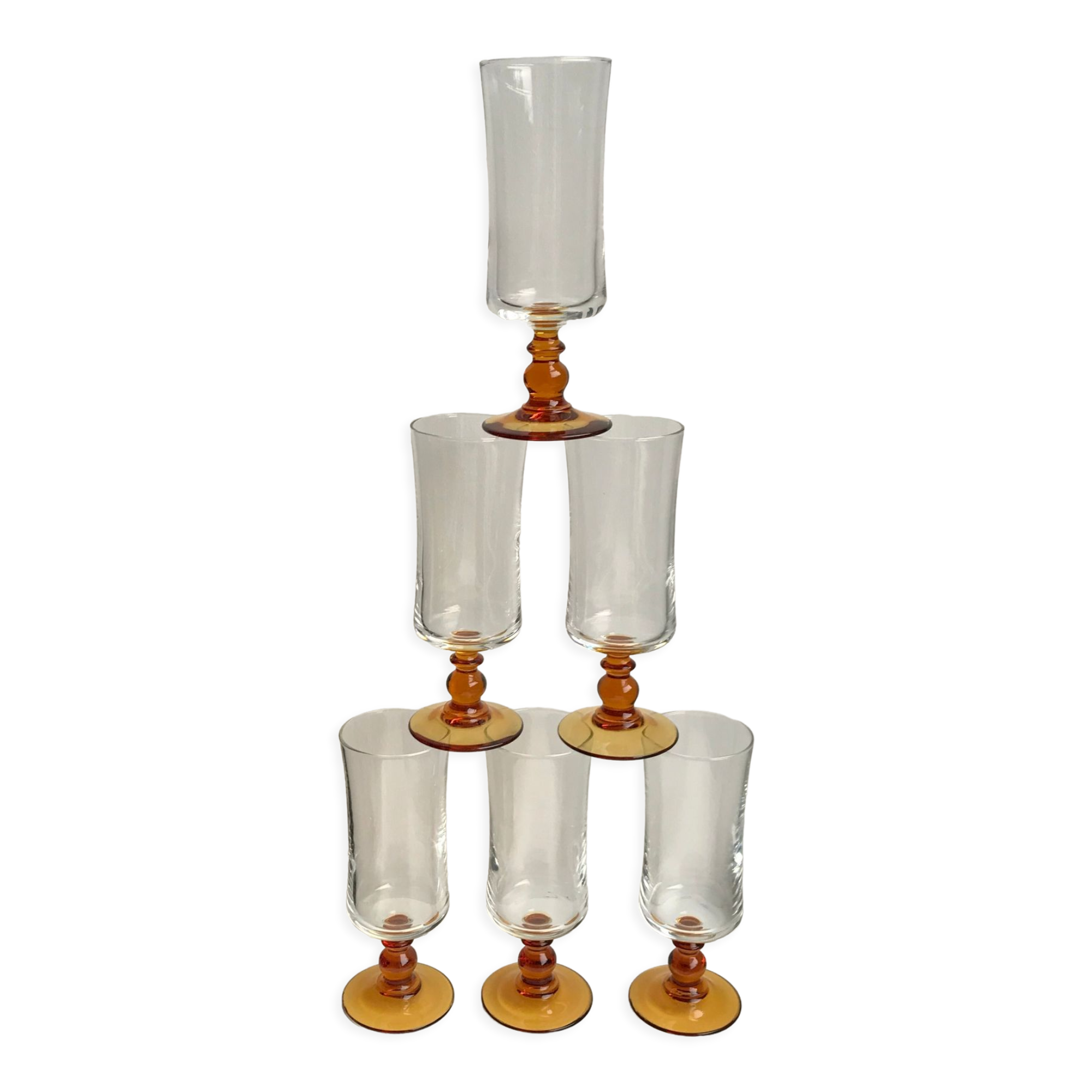 Set of 6 champagne flutes with amber foot 70s