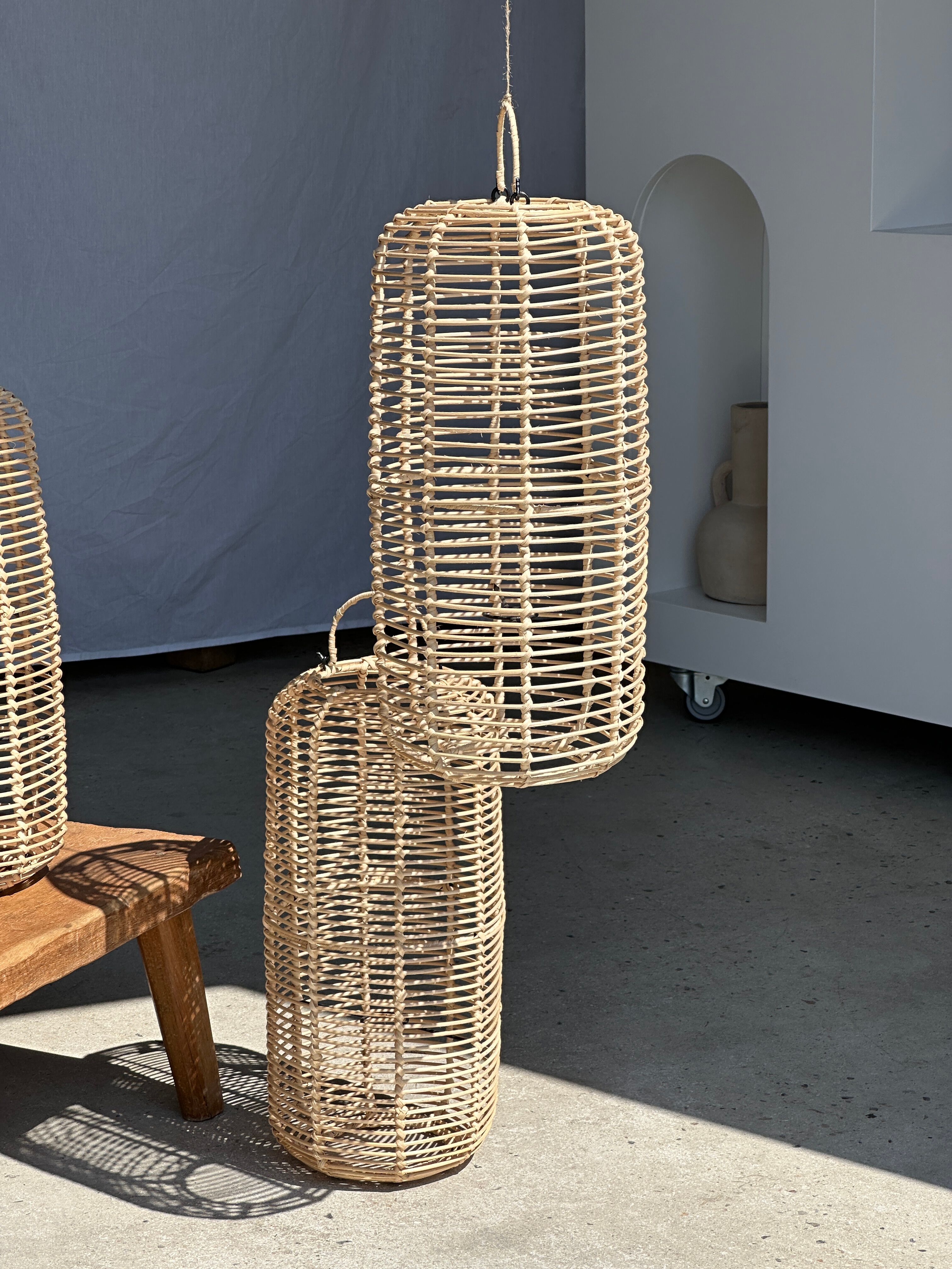 Large lantern-shaped rattan pendant lamp H50 D24