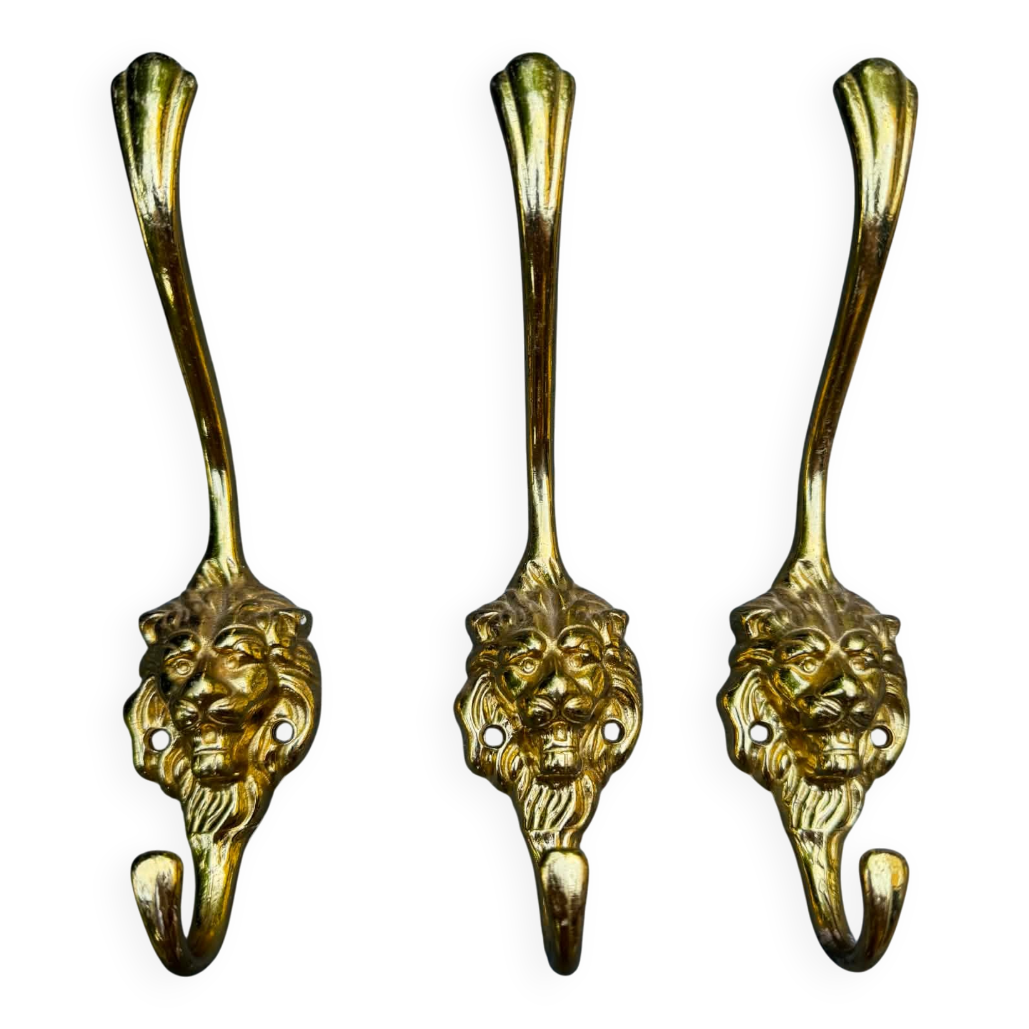 3 lion coat hooks in brass Art Nouveau