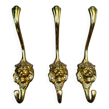 3 lion coat hooks in brass Art Nouveau