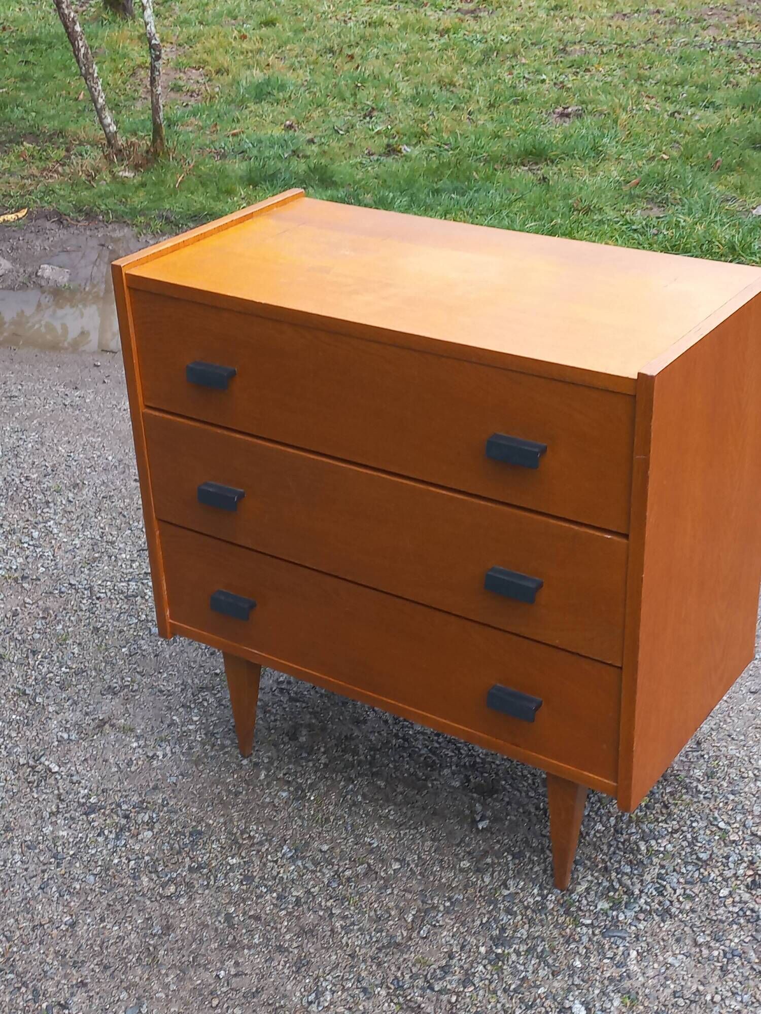 Vintage chest of drawers in gilded oak from the 50s 3 drawers feet bobbin
