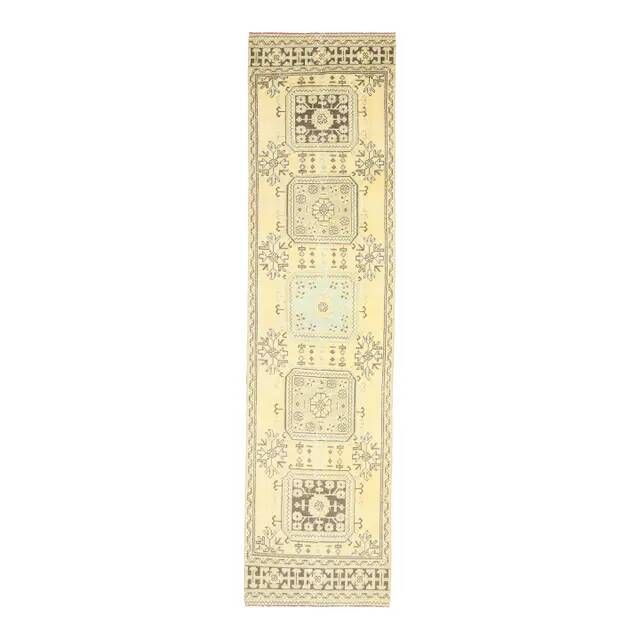 1970s Turkish Oushak Handmade Wool Cotton Yellow Runner 86x335