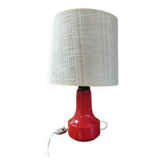 Red glass table lamp / linen lampshade - mid 20th century