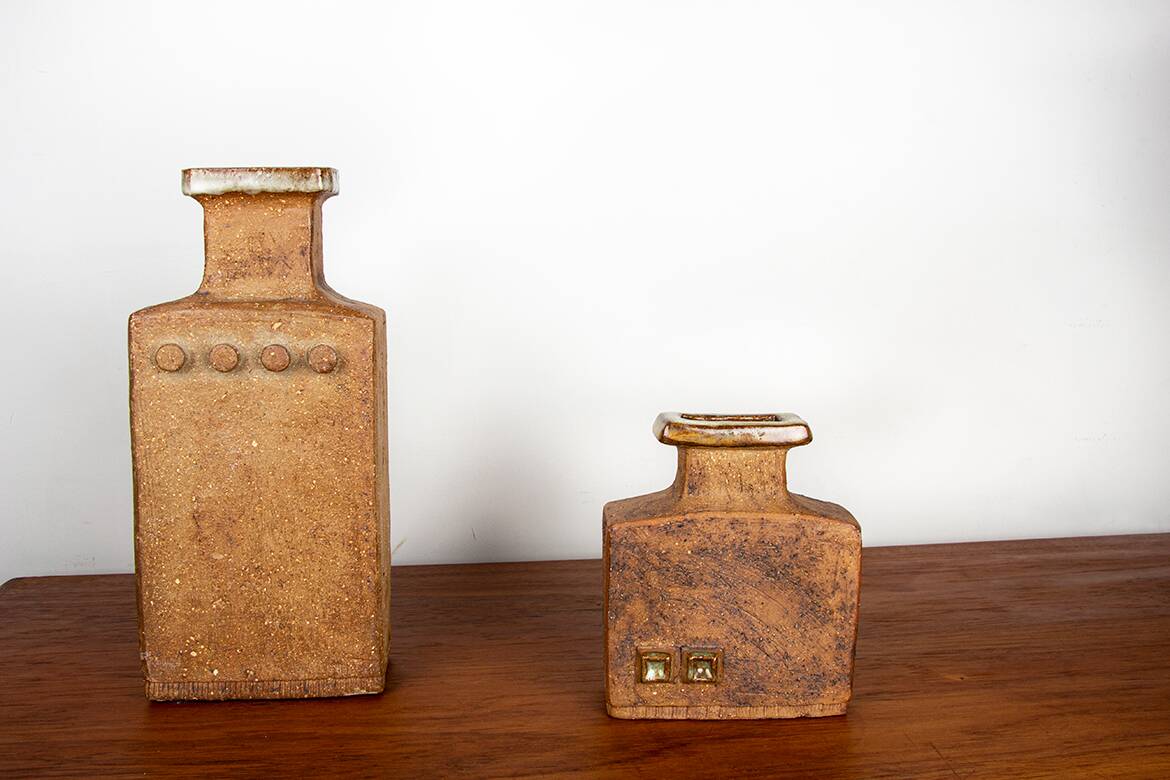 Pair of Swedish vases, brutalist, stoneware, glazed neck, Curt Magnus Addin.