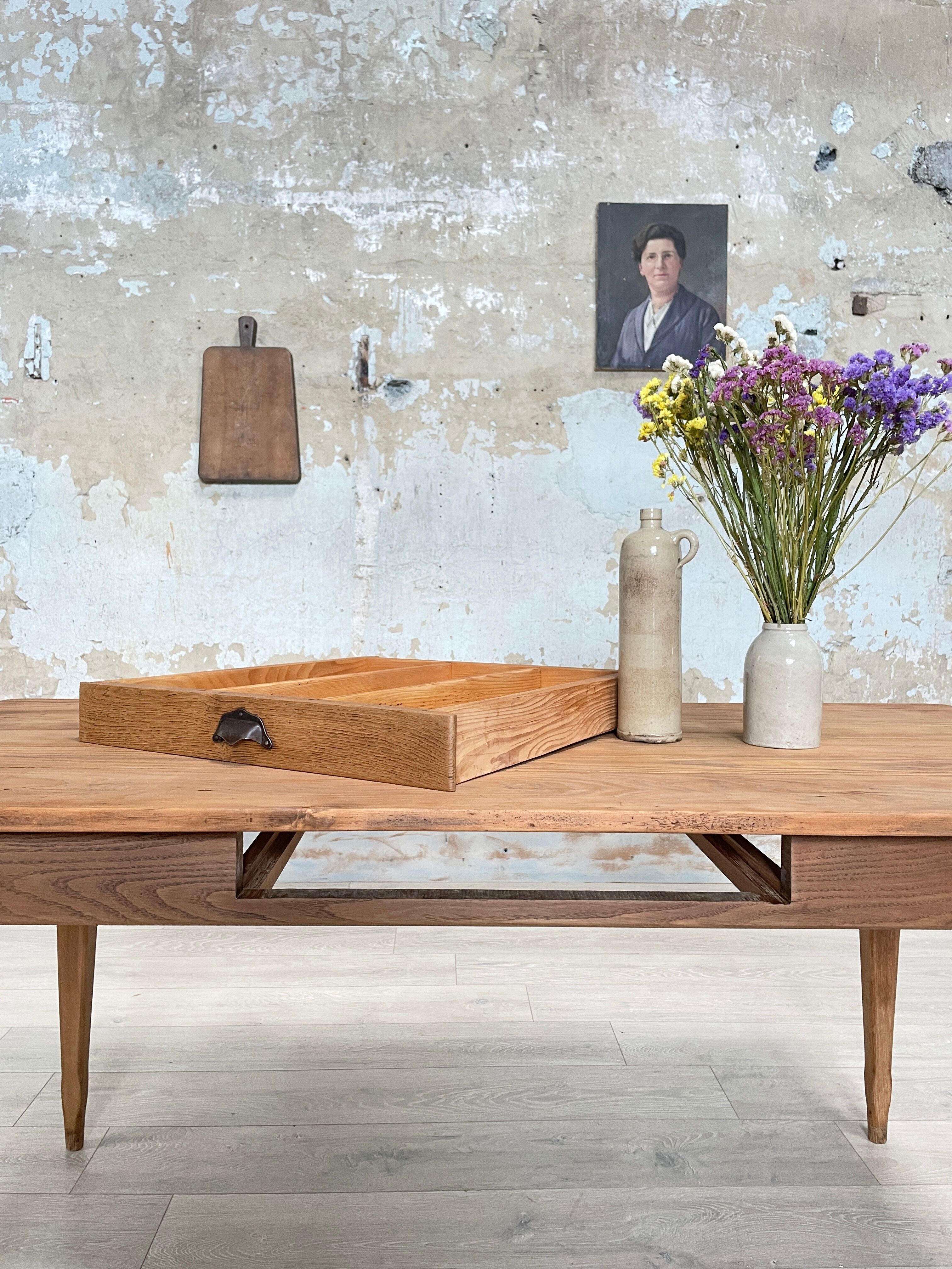 Vintage farmhouse table with spindle legs.