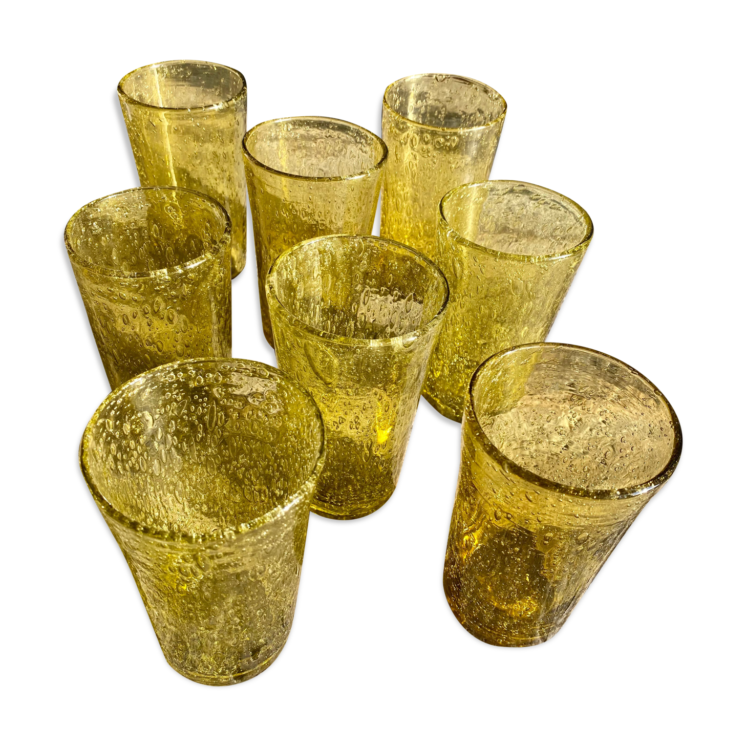Biot olive-colored bubbled glass water glasses