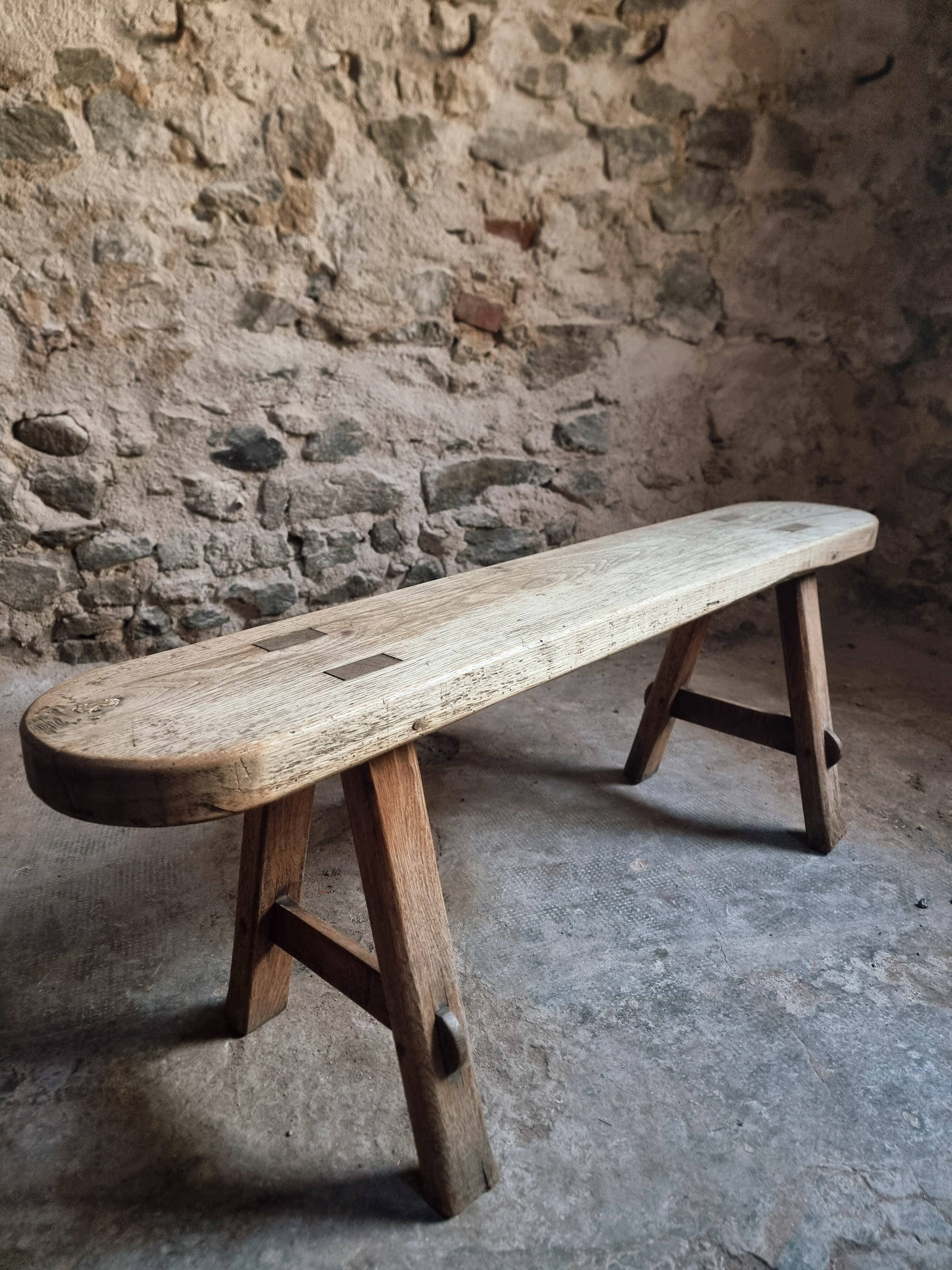 Vintage oak French bench – Rustic farmhouse seat – 1950s