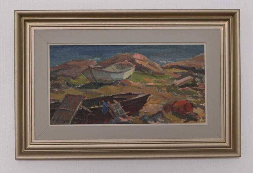 Original mid-century Swedish oil on panel – “Coast” by E. Kruger – vintage & framed – 49 × 33 cm