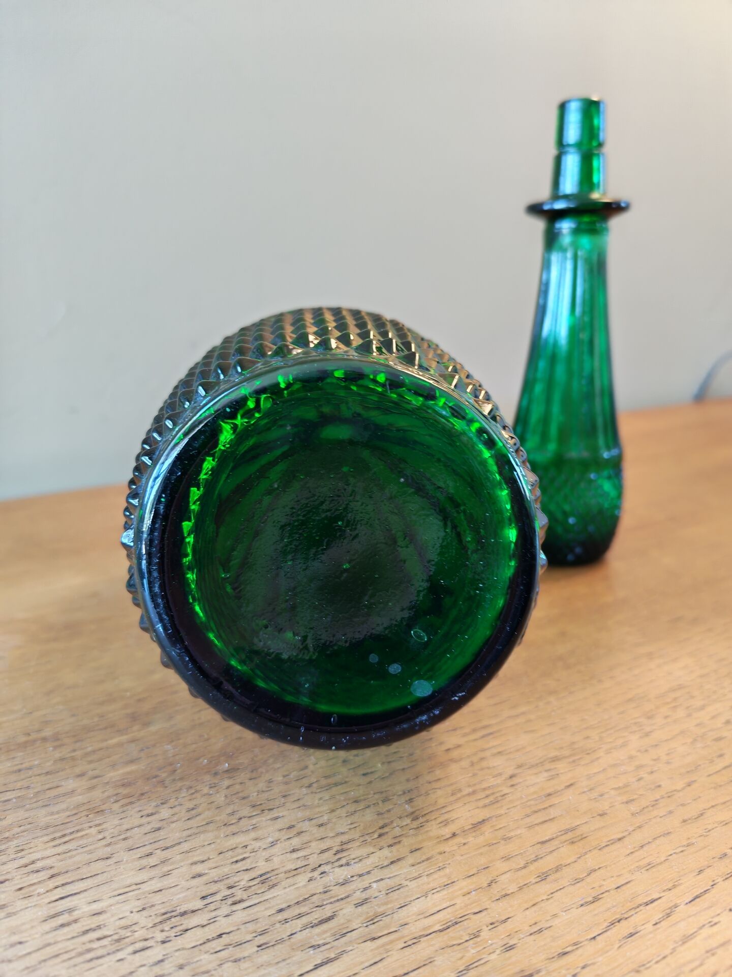 Large vintage Empoli carafe from Italy in green glass.