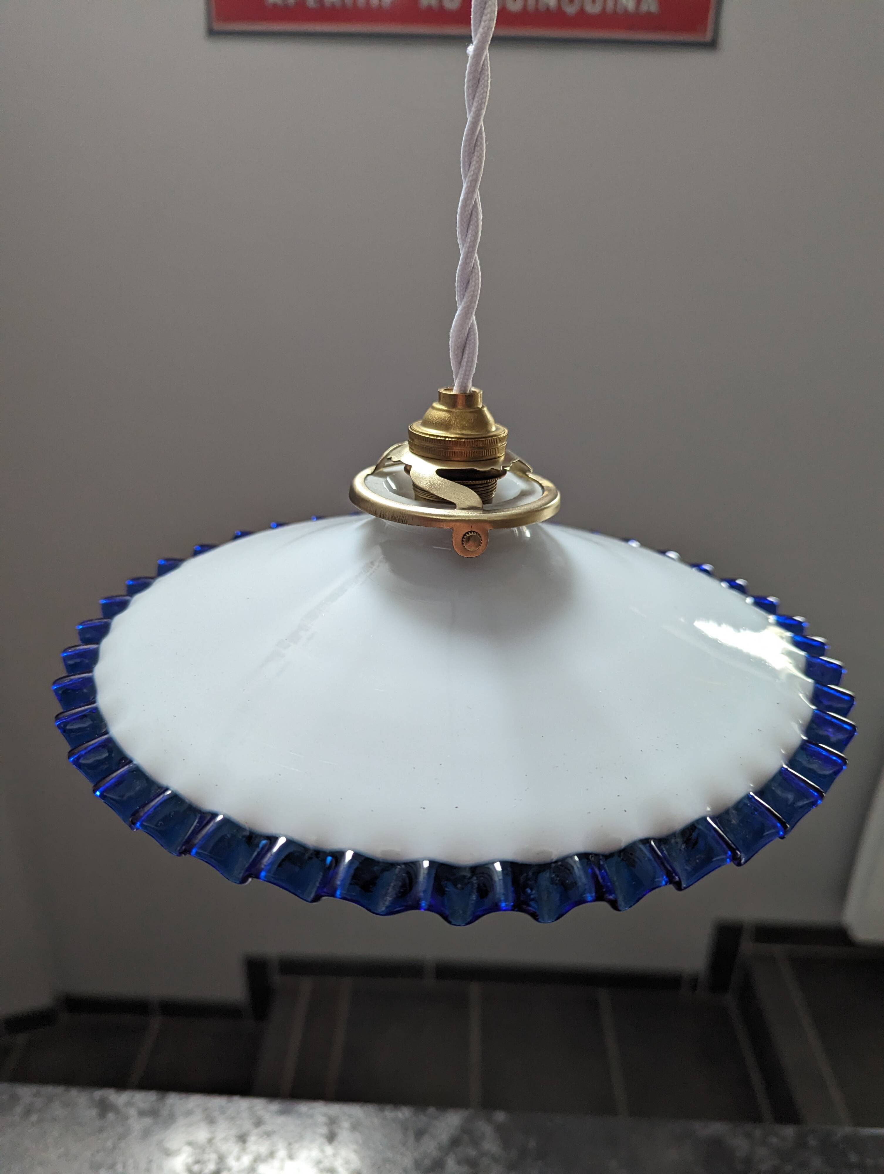 Hanging lampshade opaline serrated white/petrol blue art deco Ø24