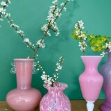 Set of 5 antique vases/soliflores in opaline and pink and red glass.