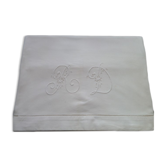 Drap ancien en coton blanc monogrammé RD  1.80 x 2.65 m