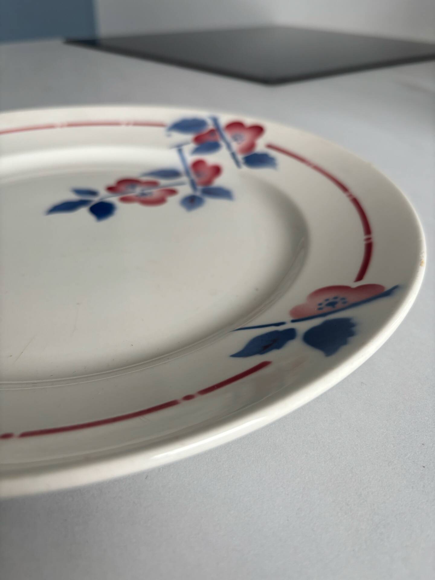 Round plate from the Céranord Saint-Amand service • Red and blue floral decoration