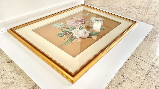 Vintage painting bouquet of peonies with butterflies 1890
