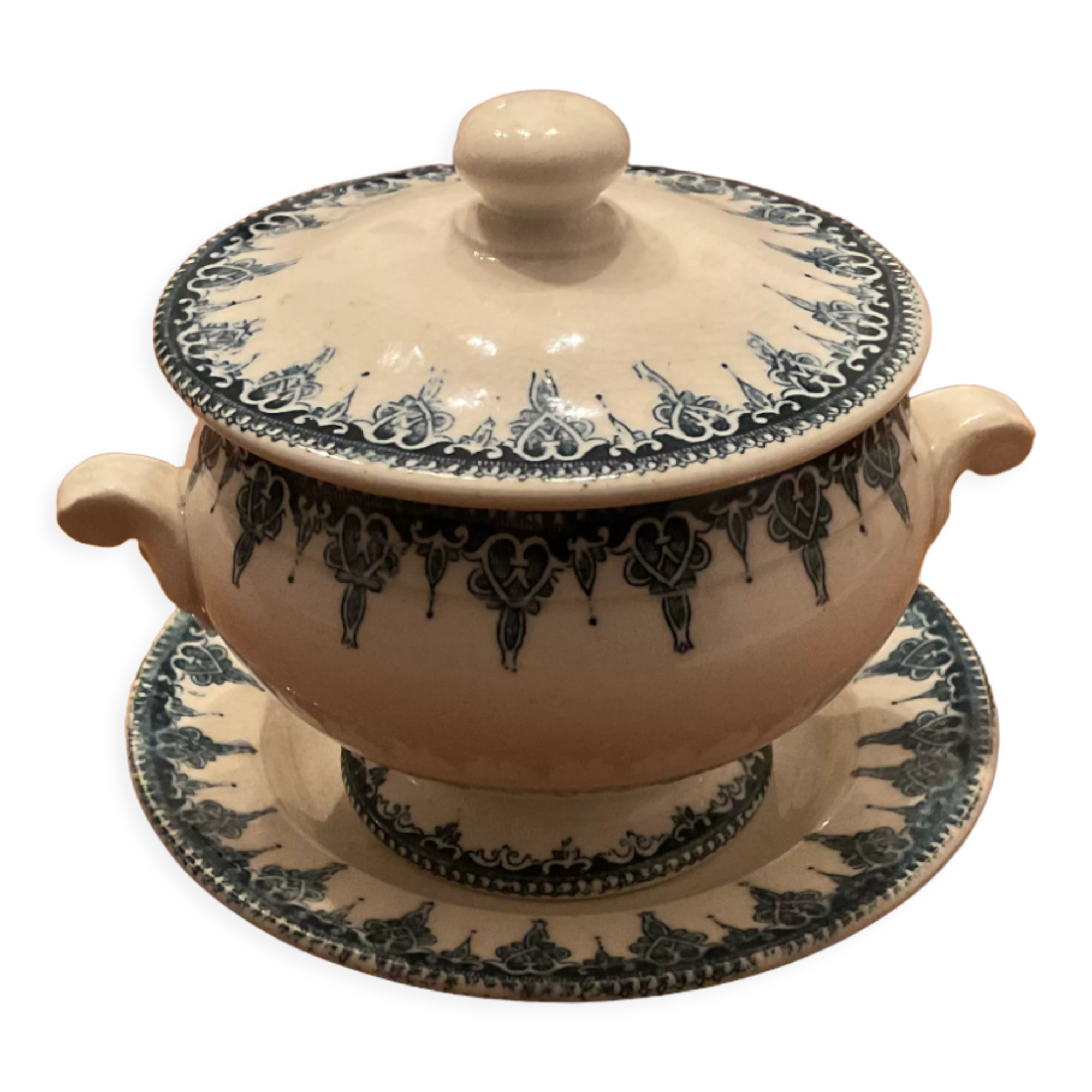 Pot à moutarde, Terre de fer, décors bleus