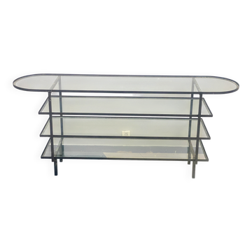 Console mid century plateaux en verre et structure métal