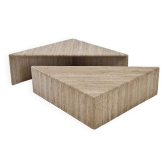 Set of Two Triangle Coffee Tables In Travertine By Up & Up, Italy 1980's