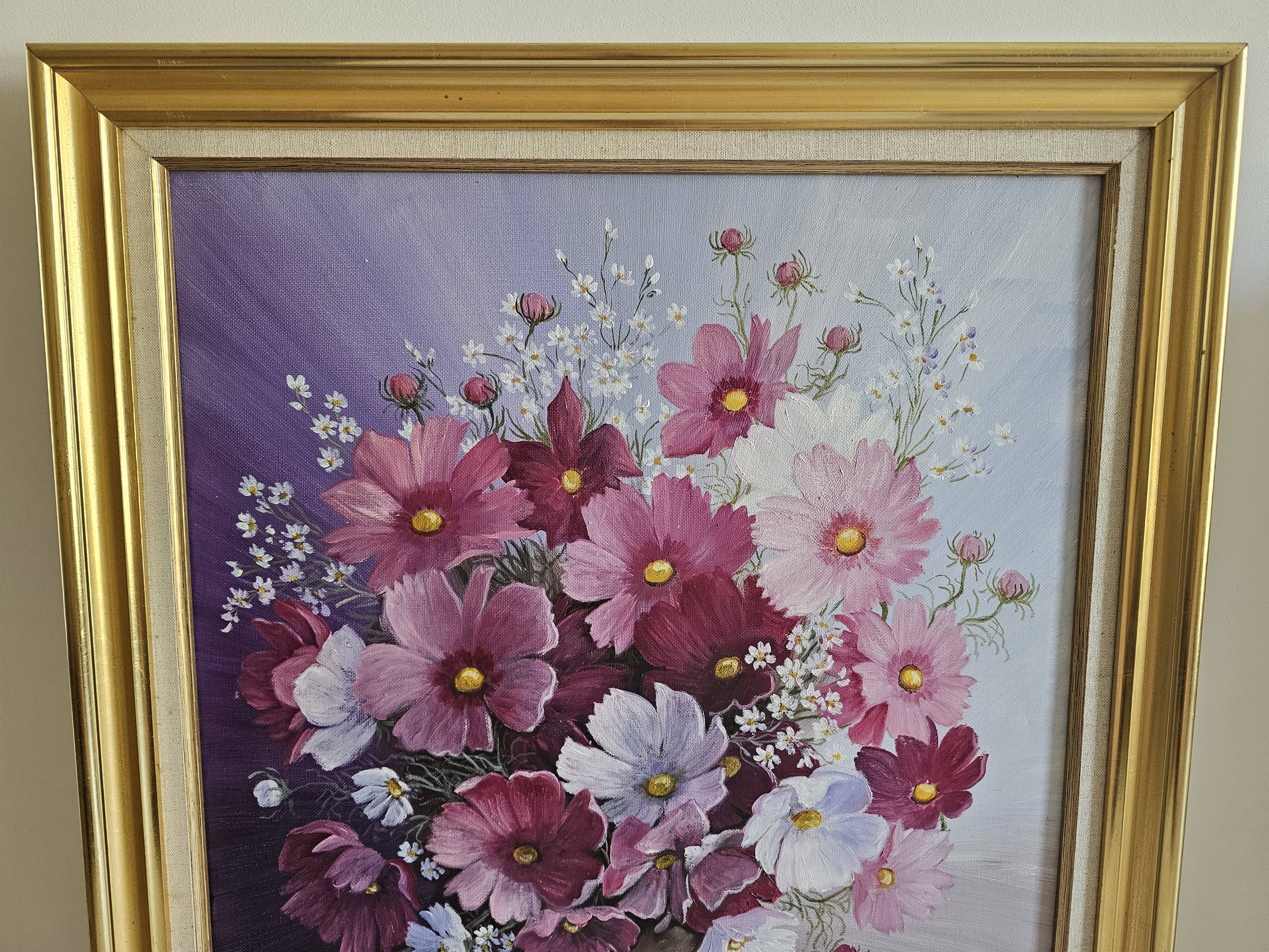 Oil on Canvas Still Life Flowers Cosmos Signed Jacqueline Besson