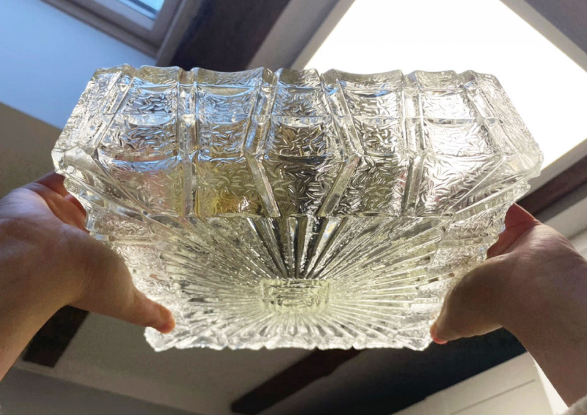 Vintage Flush Mount Square Glass Ceiling Lamp, Sunburst Motif