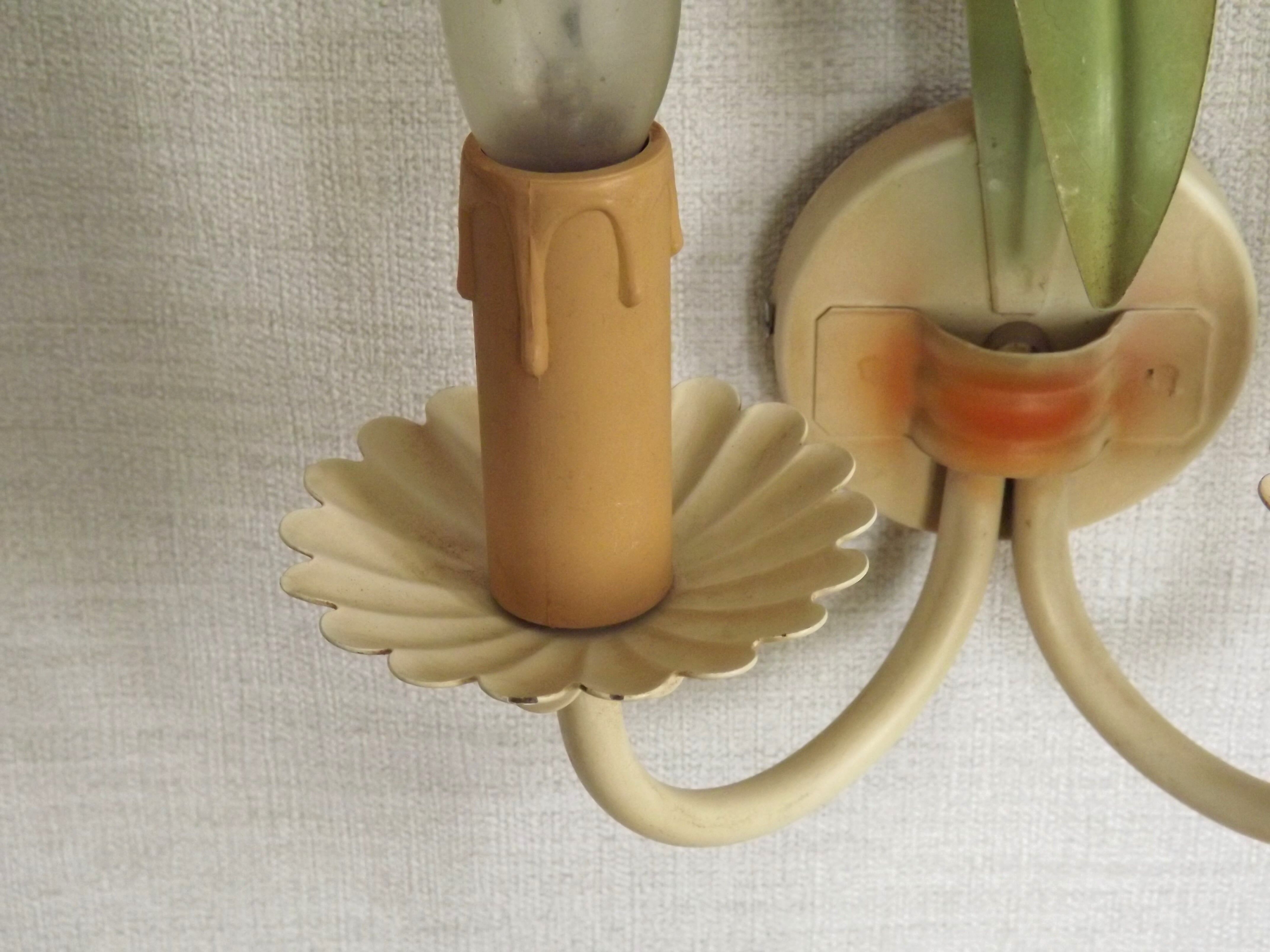 French vintage metal double wall light with peach and green leaves.