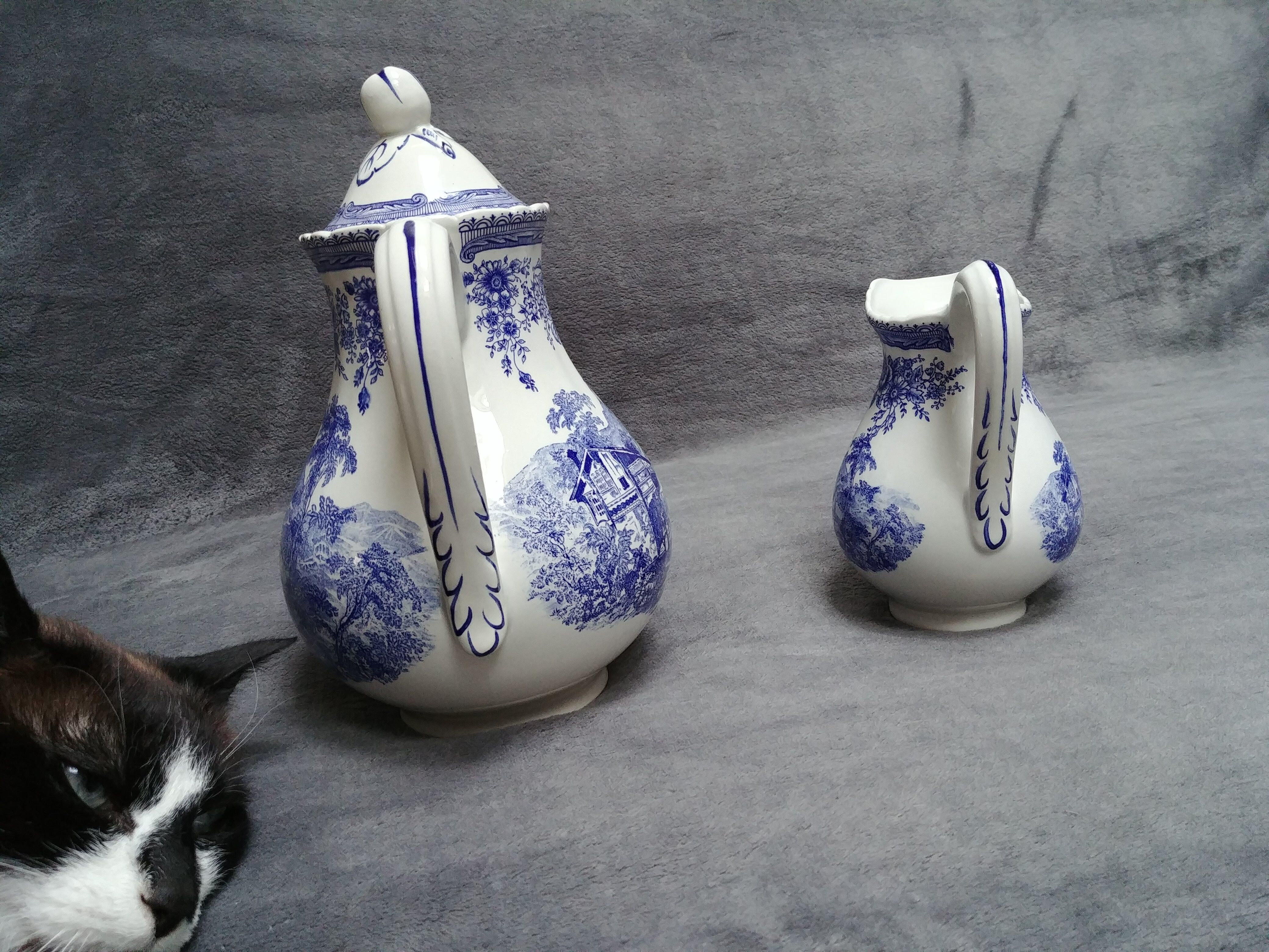 Pouring coffee maker and its milk pot in Luneville earthenware setting Excelsior - TB state - Vintage