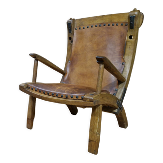 Sculptural wabi wabi wood and leather chair, 1950s