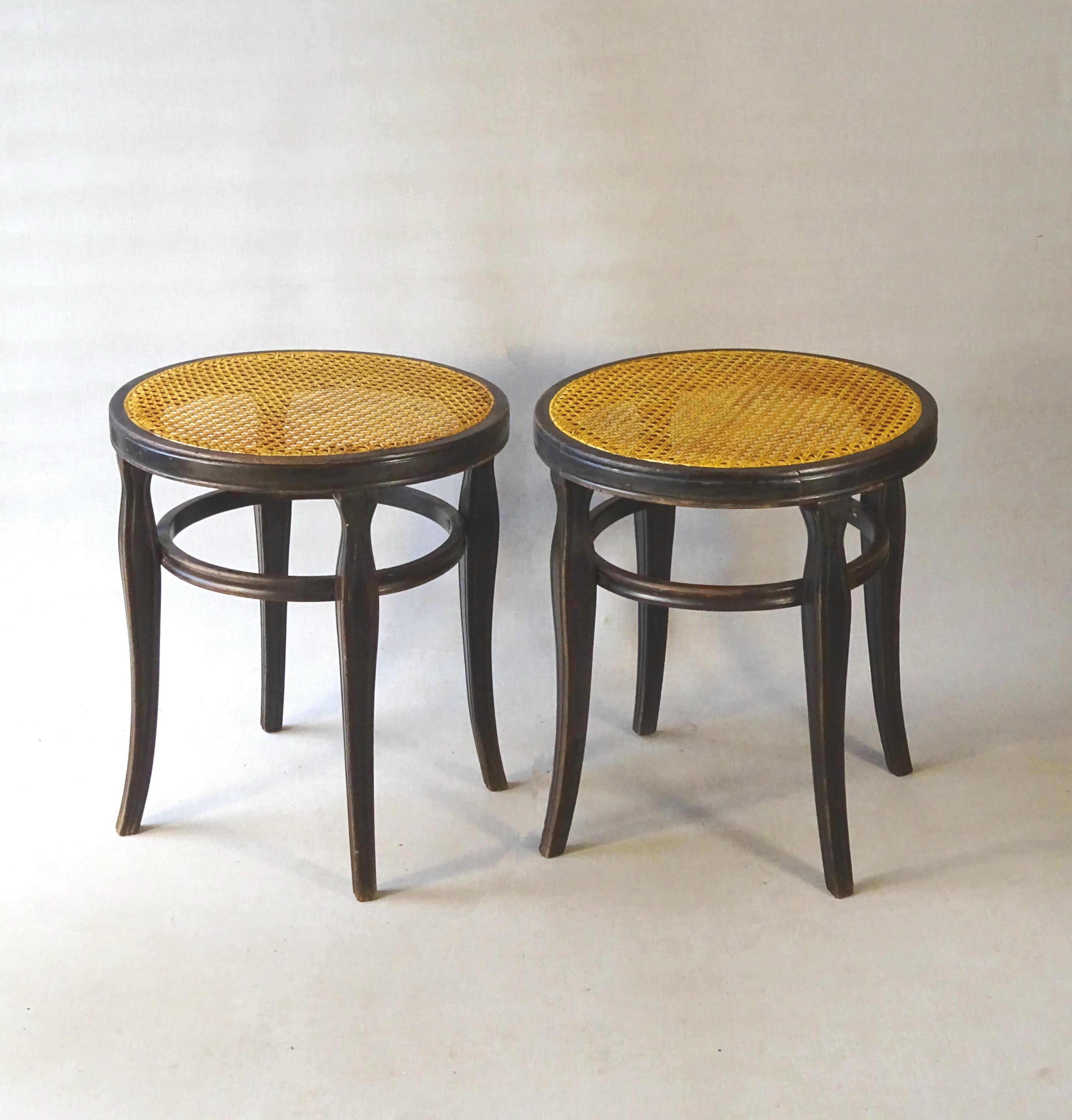 Pair of Thonet stools out of catalogue, circa 1890, new canework