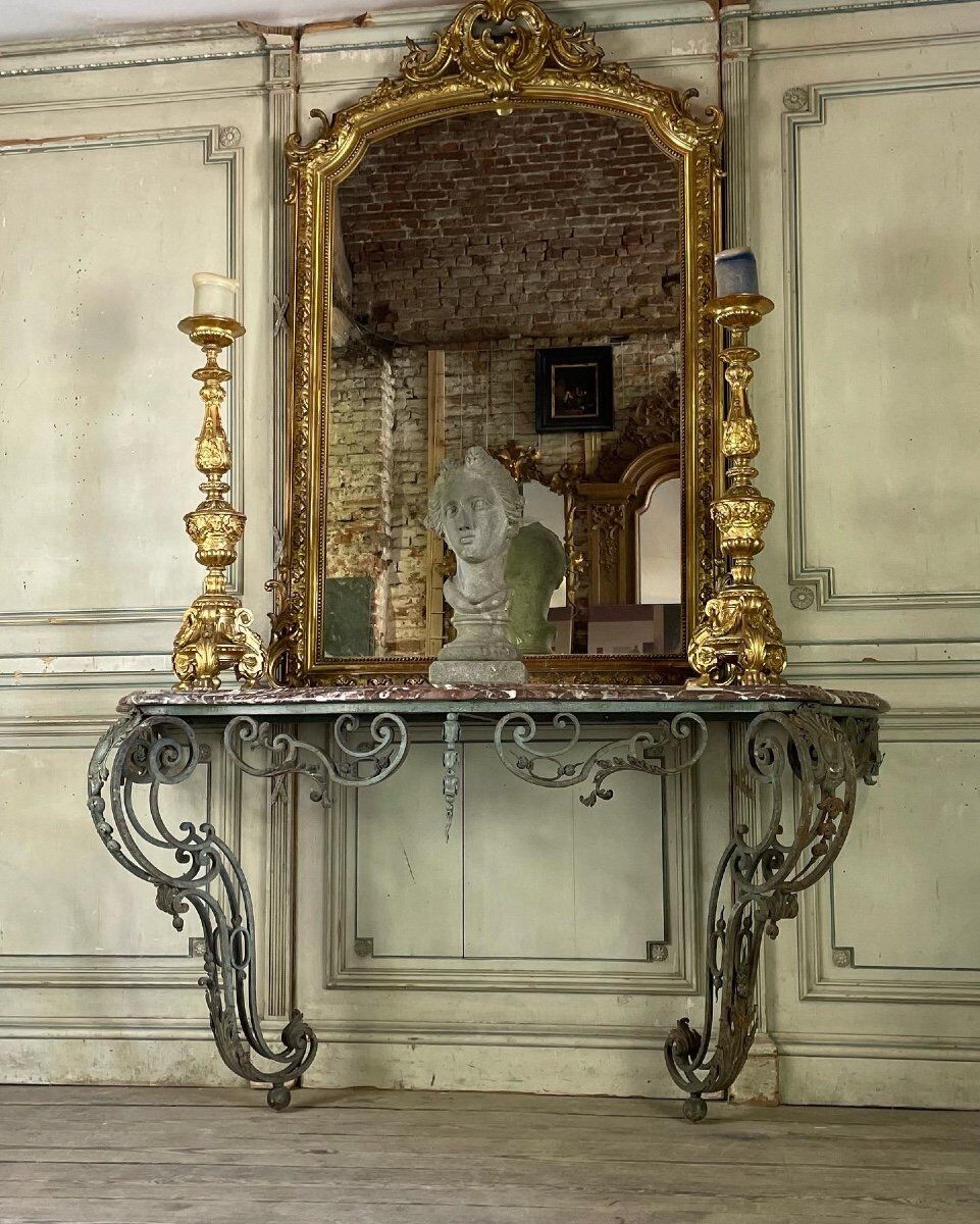 Wrought iron console and its marble, circa 1880