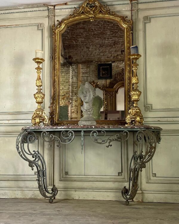 Console en fer forgé et son marbre, vers 1880