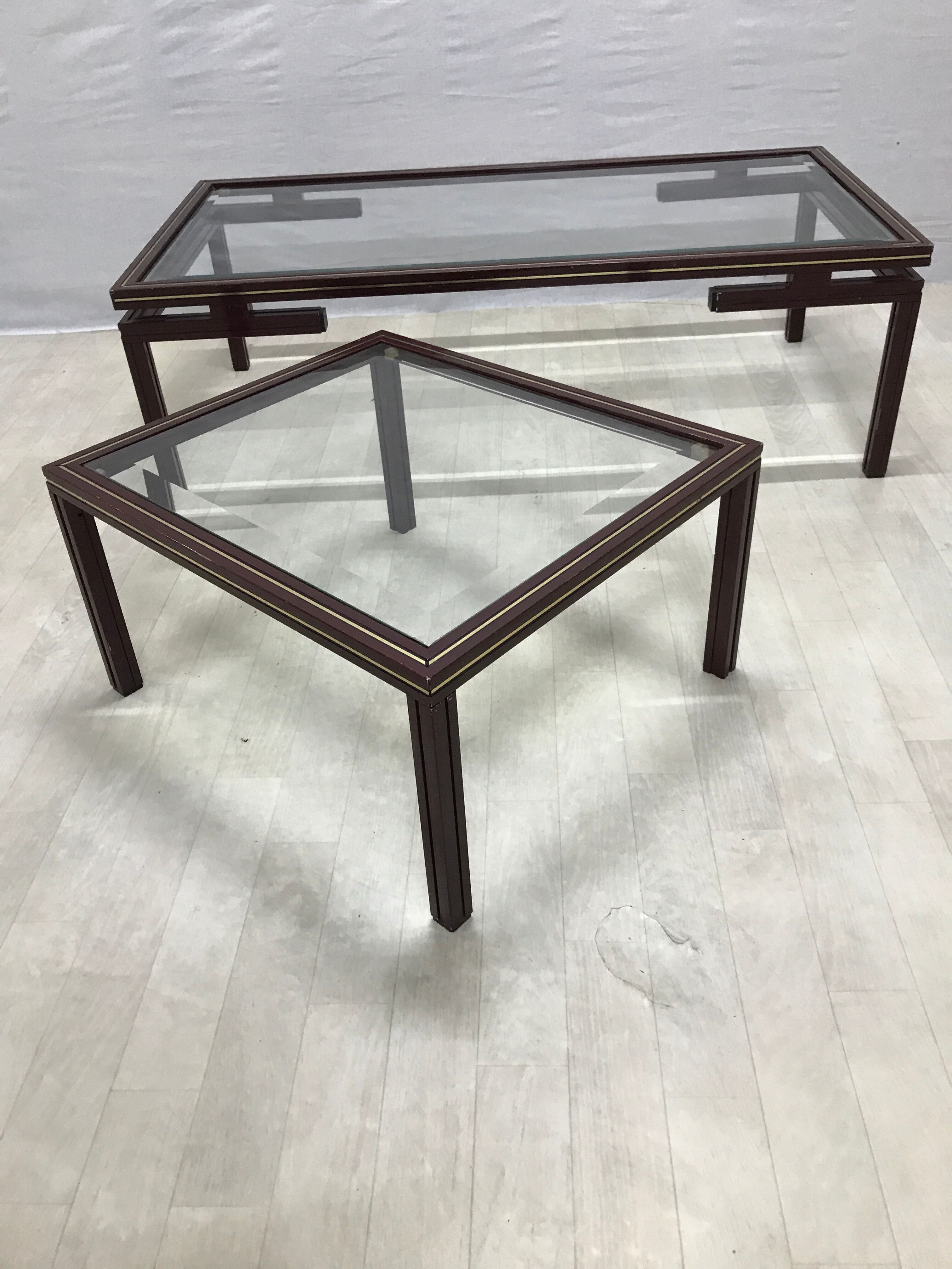 Pierre Vandel metal lacquered stone bass table and glass